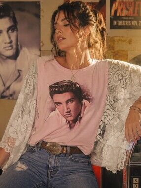 Upcycled Elvis Graphic Tee With Sheer Lace Sleeves, OS